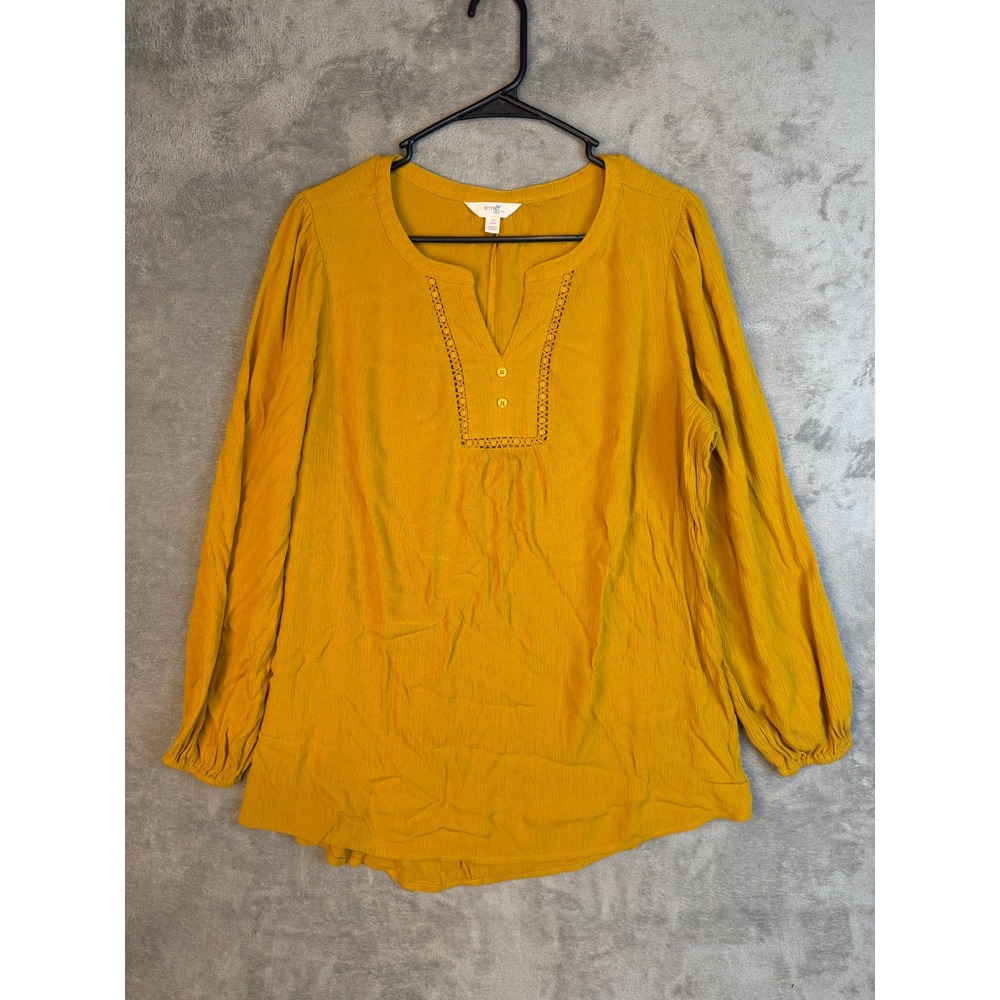 Terra & Sky Blouse Women 0X Mustard Yellow Lace Trim Split Neck Top EUC
